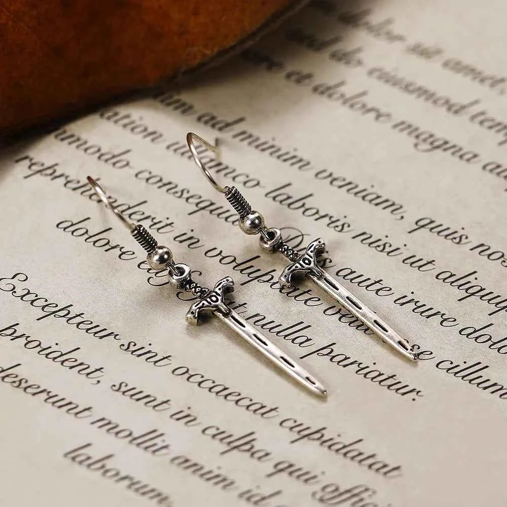 Antique Silver Plated Princess Cut Sword Drop Earrings Punk Style Unisex Fashion Jewelry Stainless Steel