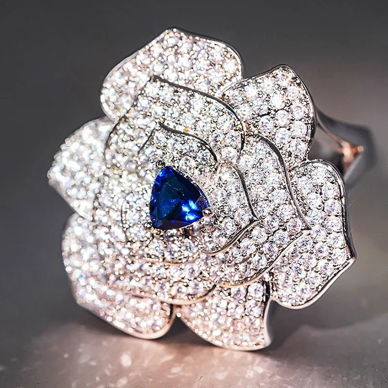 Elegant Sapphire Flower Brooch - 925 Silver with Pave Setting
