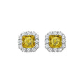 Yellow diamond stud earrings - cushion cut bezel set geometric design on display