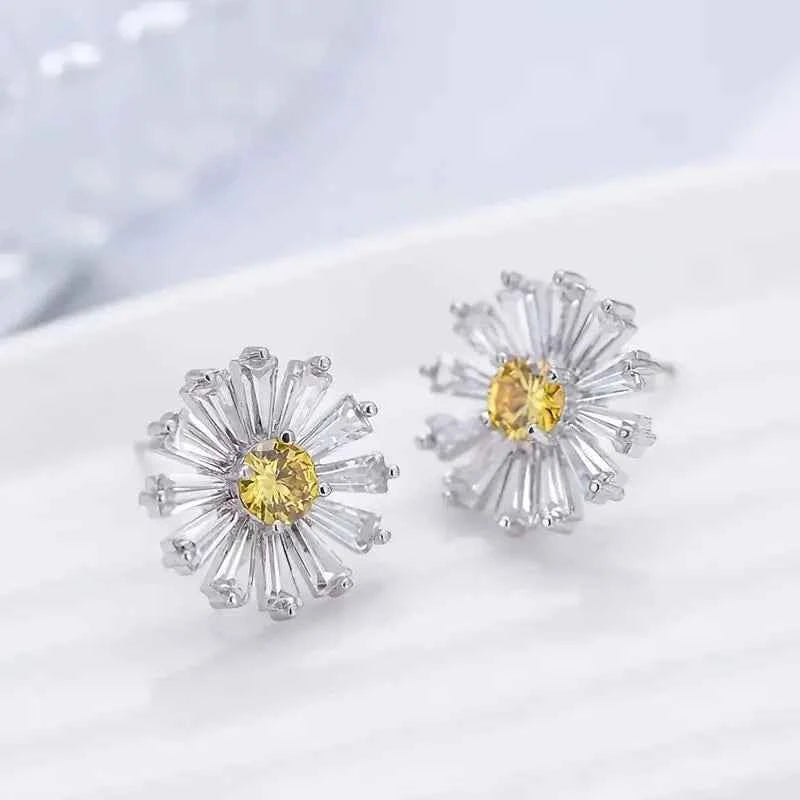 White Gold Flower Stud Earrings With Round Zircon Claw Setting For Women Party Romantic Fashion Jewelry