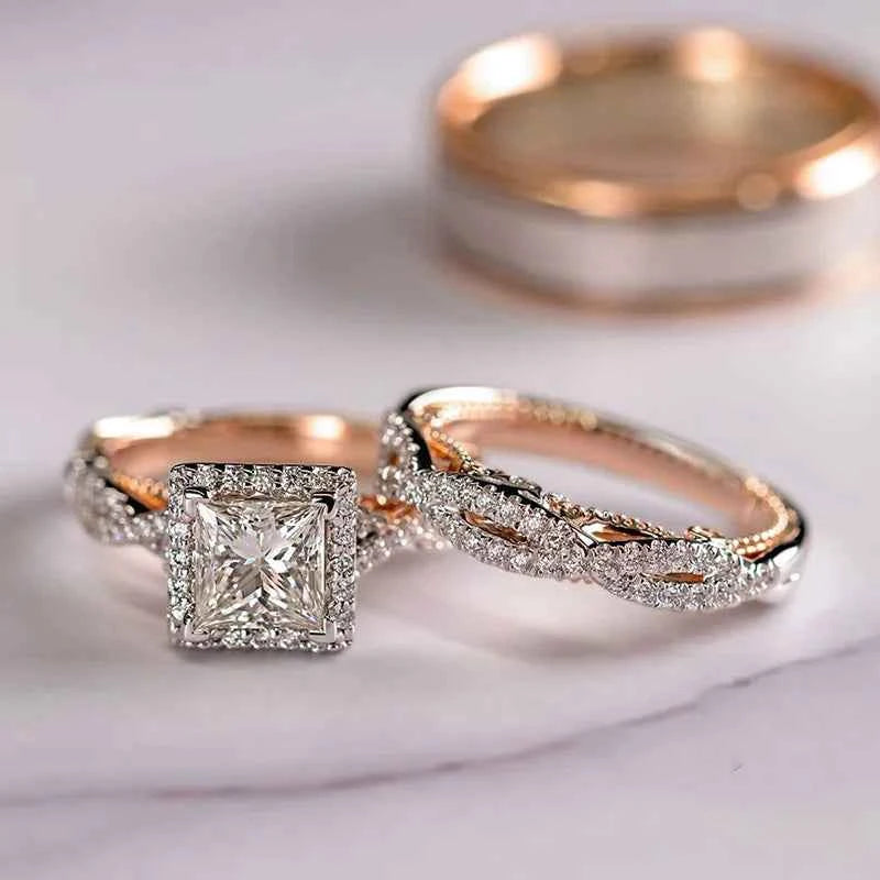 H521 Diamond Engagement Ring Princess Cut Natural White Gold Women's D Color Side Stone Rings