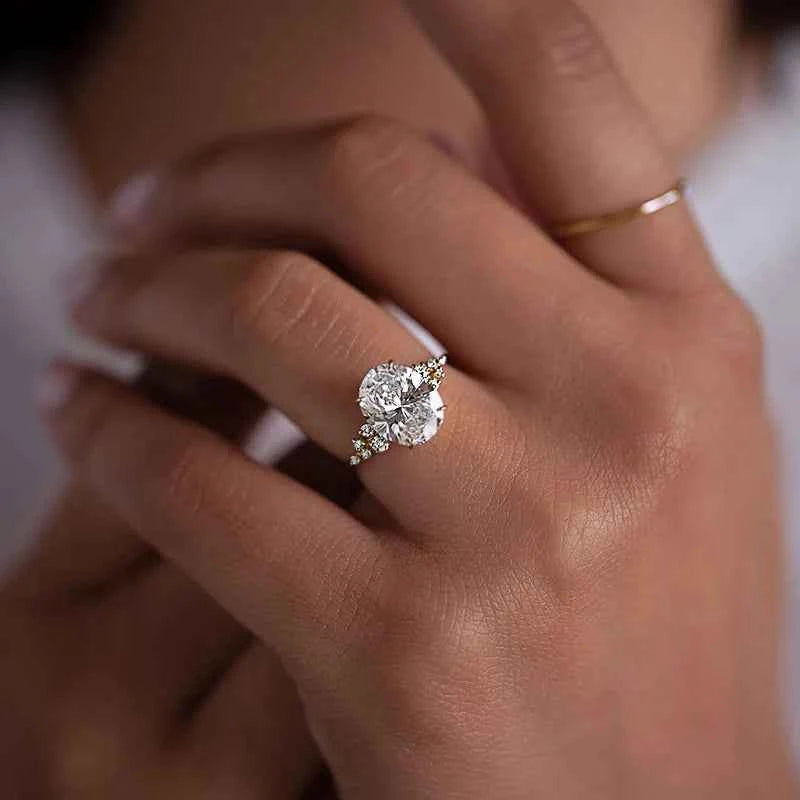 T0425 Women's Yellow Gold Oval Cut Diamond Engagement Ring With Natural Side Diamonds D Color