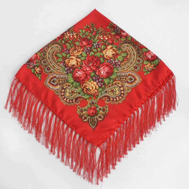 Luxury Floral Russian Scarf - Fringed Square Babushka Shawl