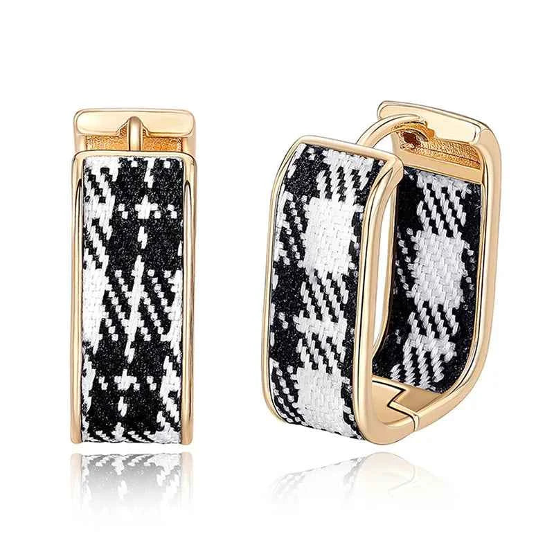 Gold plated plaid hoop earrings - light yellow plaid pattern on gold finished metal hoops