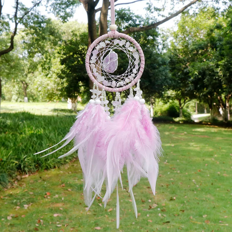 Handmade Mini Dream Catcher - Boho Wall Hanging with Colorful Feathers & Crystal Stones for Home Decor - Tulique