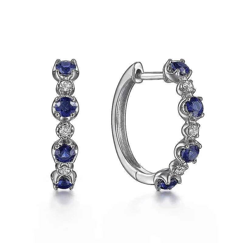 White Gold Hoop Earrings with Zircon Brilliant Cut Claw Setting 925 Silver Classic Style Women Everyday Wear