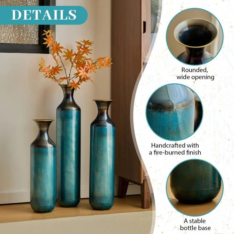 Torch-Fired Metal Floor Vases Set of 3 Tall Rustic Blue Burnt Finish for Farmhouse Living Room - Tulique