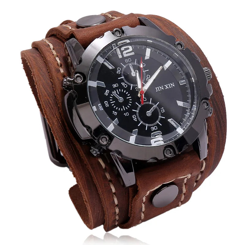 Rugged Men's Quartz Watch - Premium Cowhide Leather Punk Wristwatch