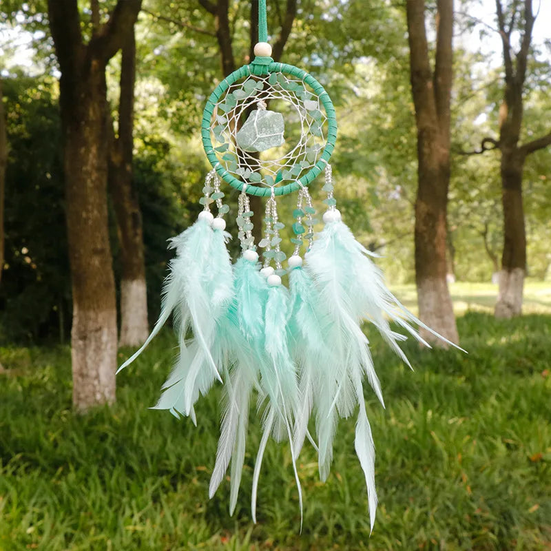 Handmade Mini Dream Catcher - Boho Wall Hanging with Colorful Feathers & Crystal Stones for Home Decor - Tulique