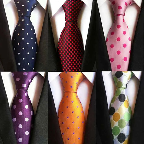 Elegant polka dot tie - orange, white, and blue pattern on silk blend fabric