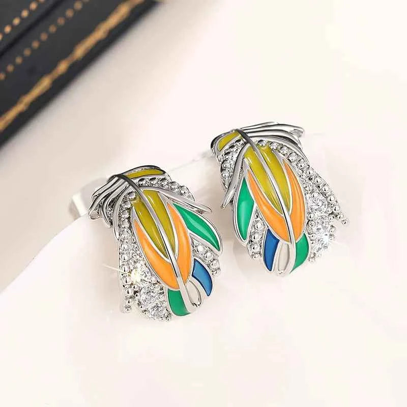 E3007 Classic Colorful Feather Stud Earrings Brass Zinc Alloy Silver Plated Crystal Rhinestone Unisex Party Fashion Jewelry