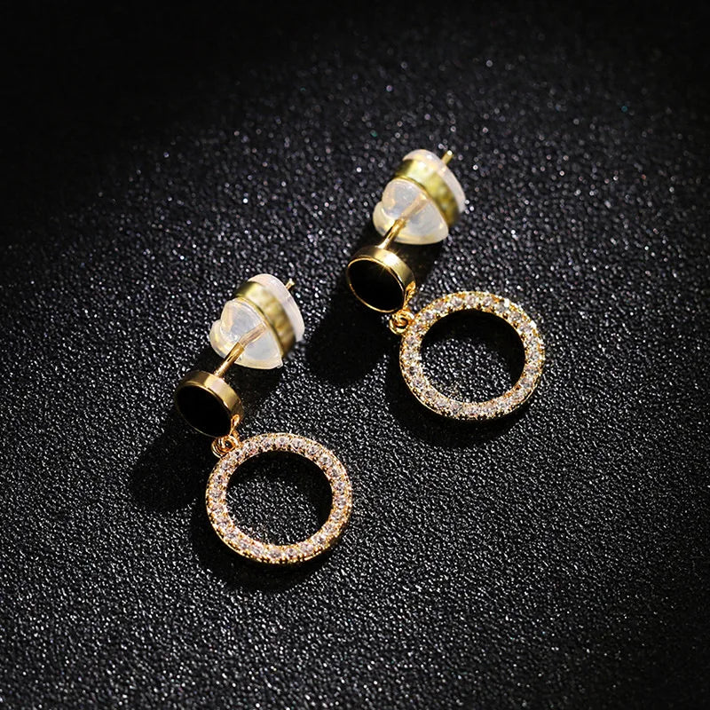 Elegant Gold Drop Earrings - Crystal Rhinestone Geometric Circle