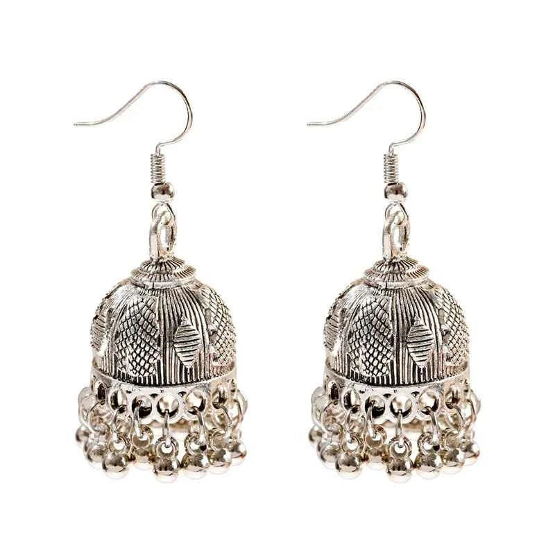 Elegant Indian Jhumka Earrings - Silver Flower Tassel Dangle Design