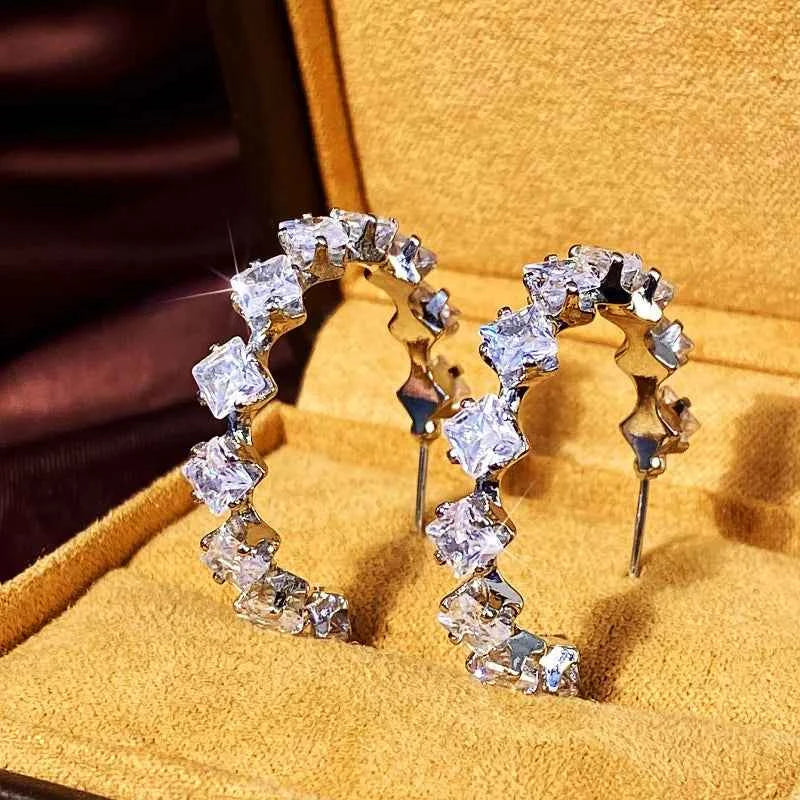 E3216 White Gold Eternity Band Ring Princess Cut Diamond Pave Setting Women's Engagement Glam Style