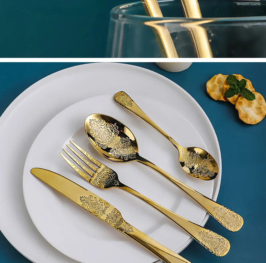 Elegant Vintage Carved Flatware Set - 304 Stainless Steel
