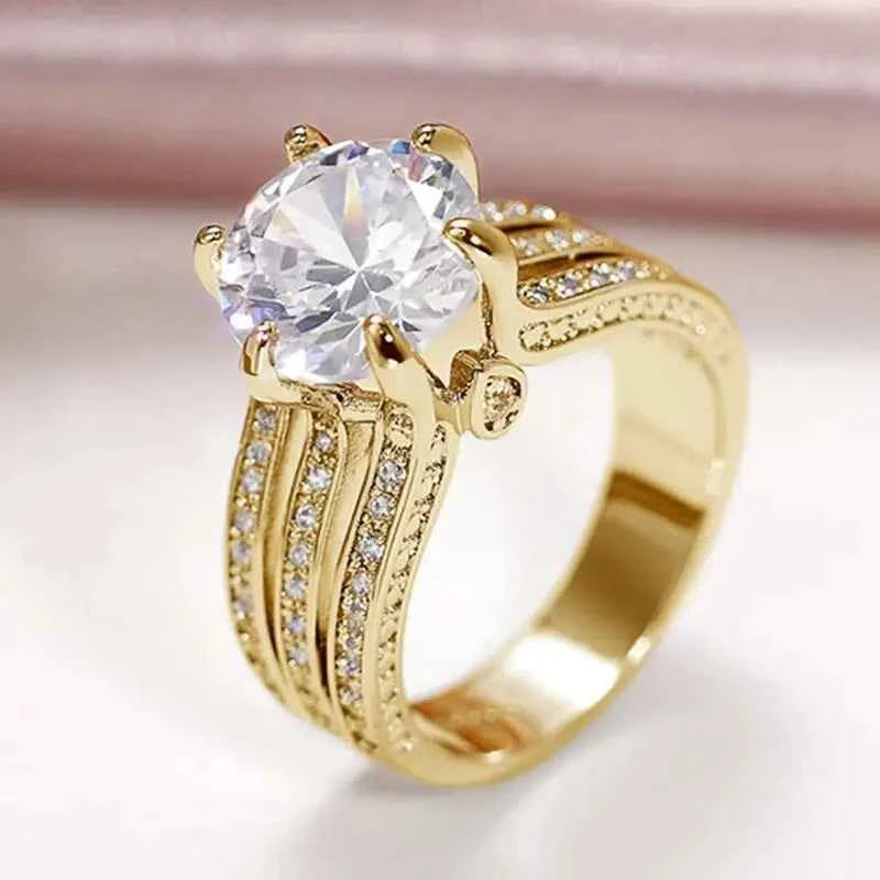 Gold plated diamond ring with round brilliant cut lab grown stone on split shank band - elegant engagement style jewelry