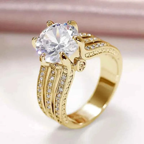 Gold plated diamond ring with round brilliant cut lab grown stone on split shank band - elegant engagement style jewelry