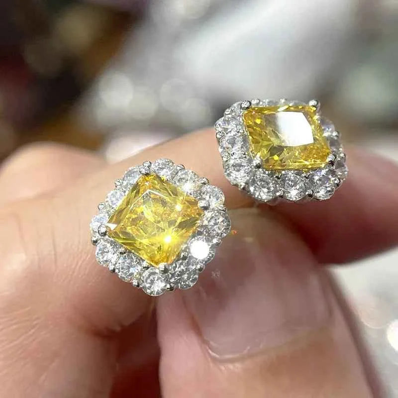 Luxury Yellow Diamond Stud Earrings Cushion Cut Bezel Setting Geometric Women's Wedding Fine Jewelry