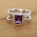 Emerald cut amethyst ring - 925 silver bezel setting with geometric faceted gemstone