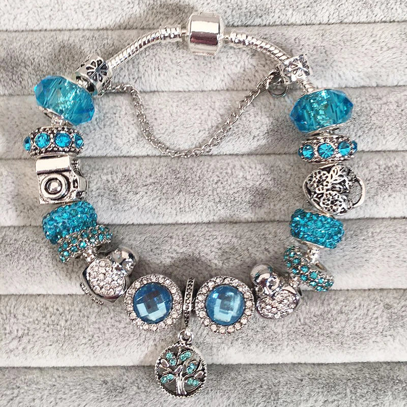 Elegant Crystal Flower Charm Bracelet - Gold Bead Design