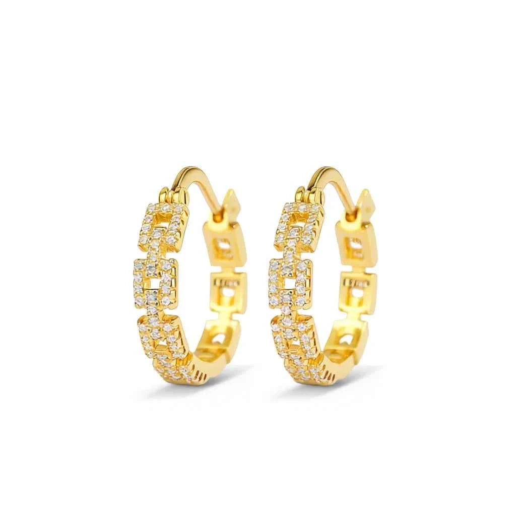 Geometric hoop earrings - 18K gold plated with crystal zircon on white background