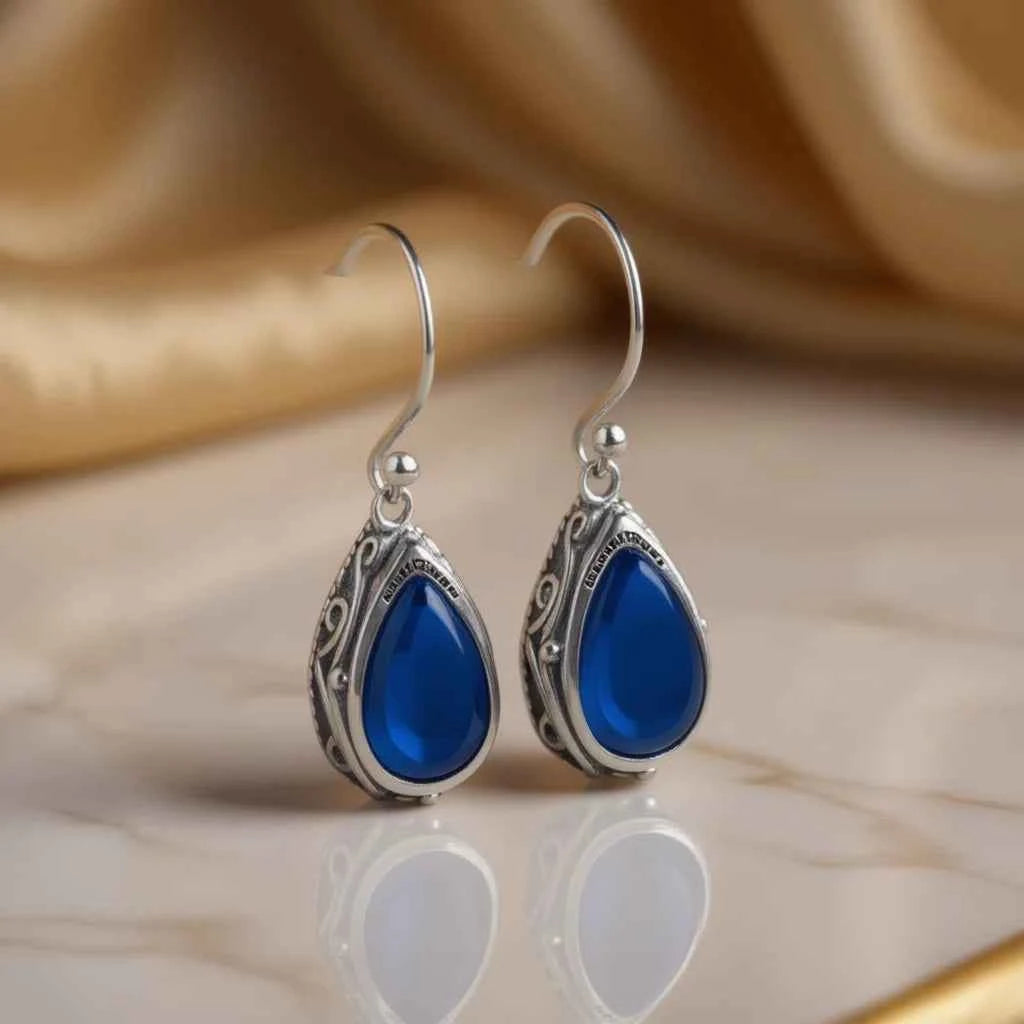 Water Drop Blue Gemstone Gold Plated Drop Earrings in 925 Silver Women's Everyday Wear Bezel Setting E4603