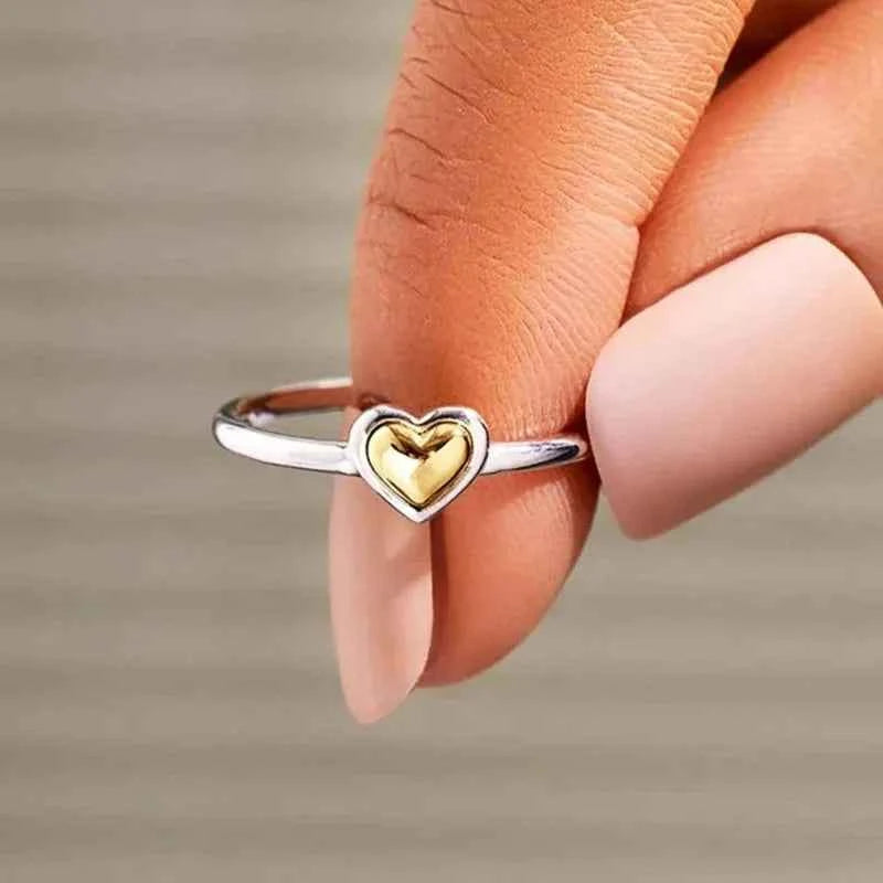 T0101 Heart Shape Silver Ring Gold Plated Bezel Setting Unisex Everyday Wear Fine Jewelry