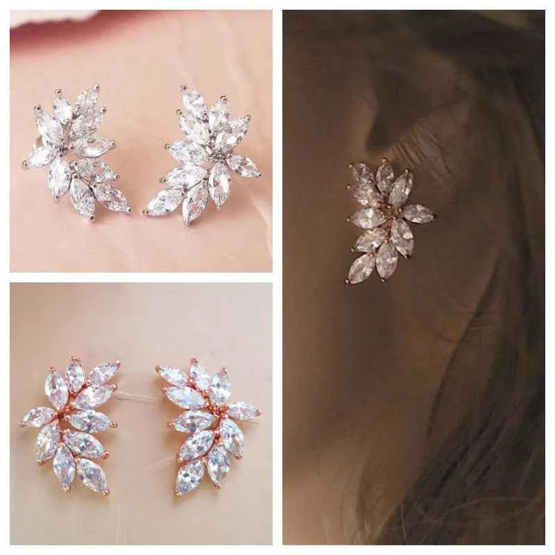 E1489 White Gold Flower Stud Earrings Crystal Rhinestone Claw Setting Women's Classic Wedding Jewelry