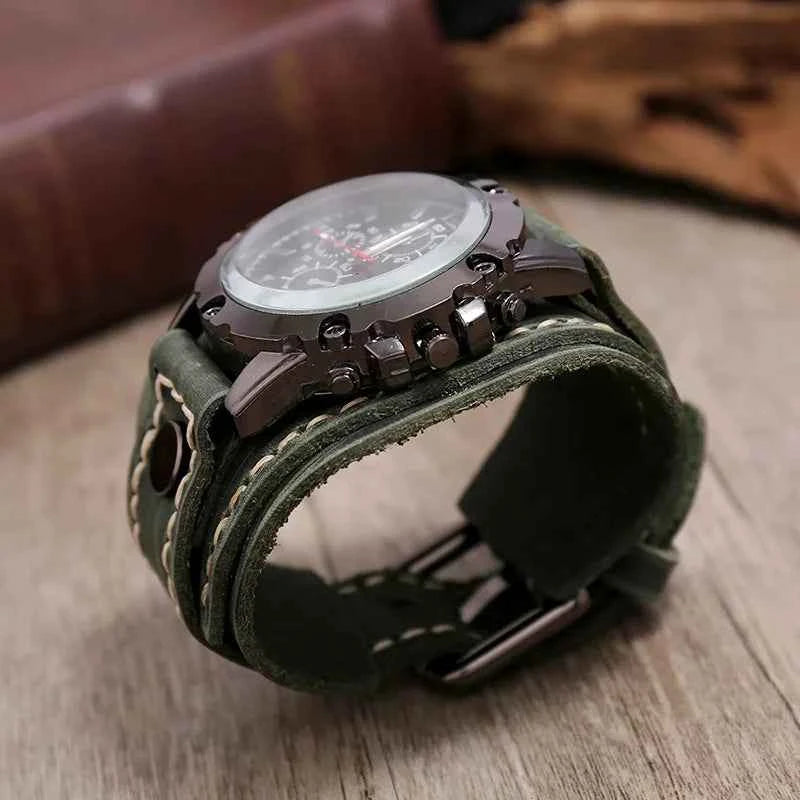 Rugged Men's Quartz Watch - Premium Cowhide Leather Punk Wristwatch