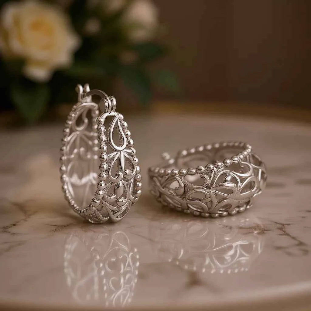 Champagne White 925 Silver Hoop Earrings Flower Pattern Classic Women's Everyday Wear Fine Jewelry