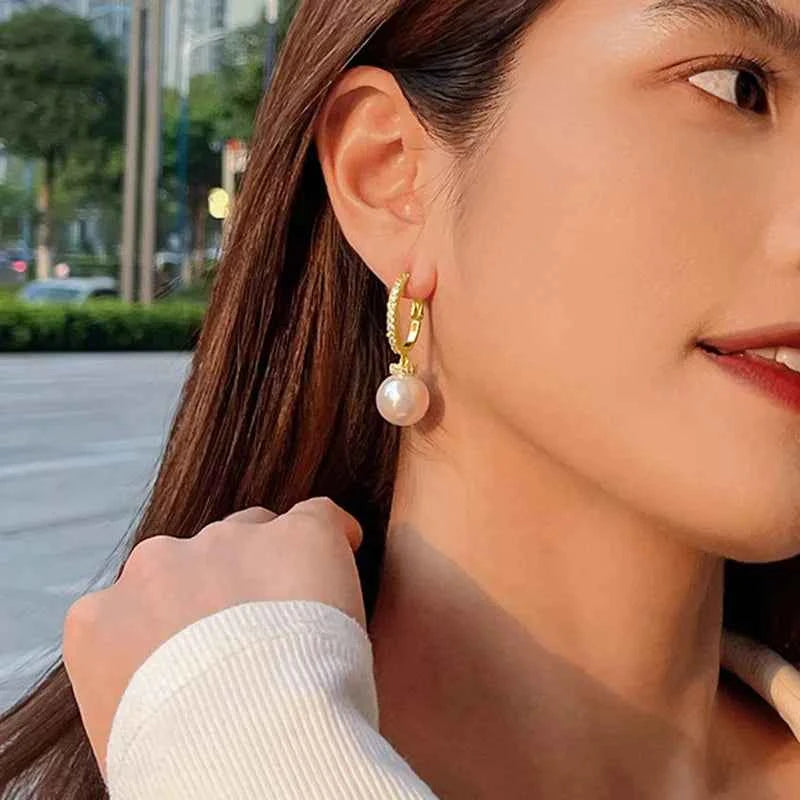 Classic Gold Hoop Earrings With White Cultured Pearl AAA Grade 18K Gold Plated Bezel Setting Women's Wedding Jewelry