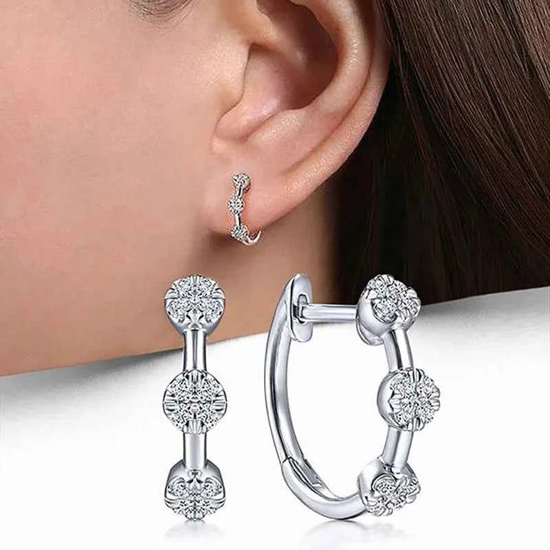 White gold hoop earrings - crystal rhinestones in snowflake pattern on rhodium plated silver