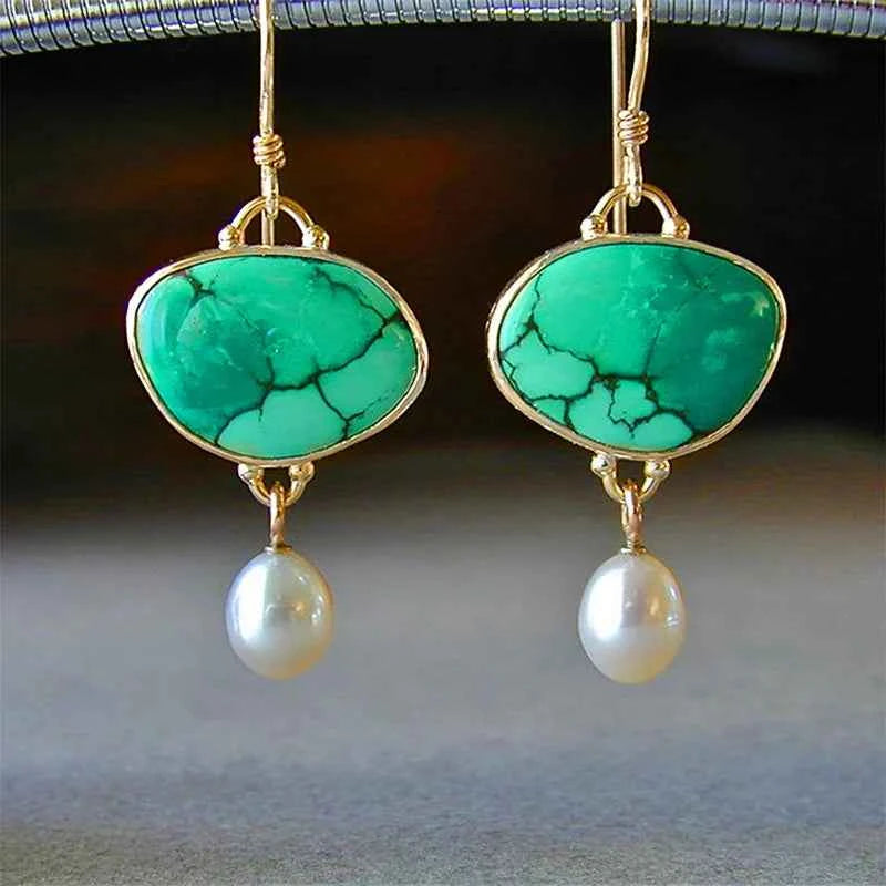 E374 Golden Drop Earrings Women's Turquoise Imitation Pearl Bezel Setting Classic Fashion Jewelry Alloy Earrings