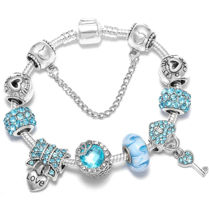 Elegant Crystal Flower Charm Bracelet - Gold Bead Design