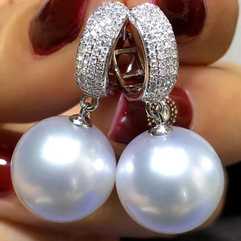 E1162 White Gold Pearl Earrings With Round Brilliant Cut Natural Diamonds Women's Classic Style Jewelry