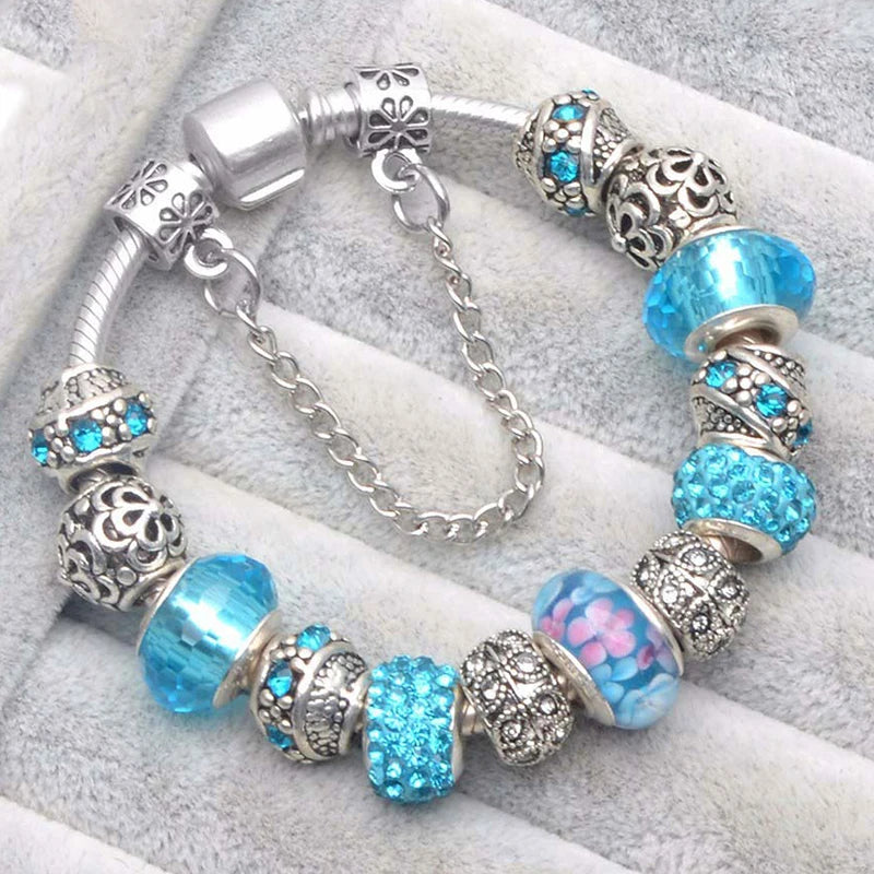 Elegant Crystal Flower Charm Bracelet - Gold Bead Design