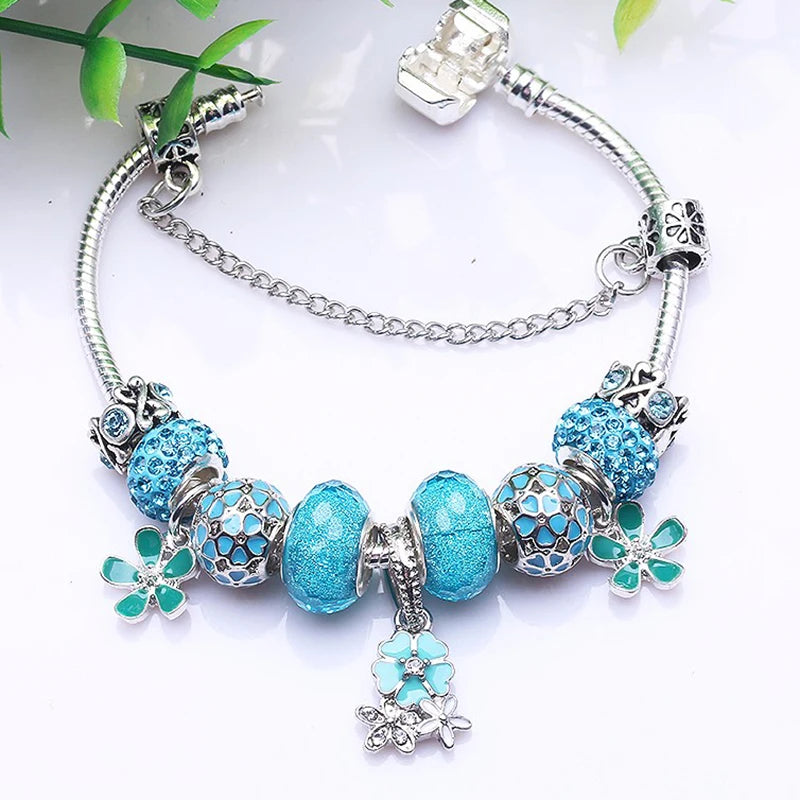Elegant Crystal Flower Charm Bracelet - Gold Bead Design