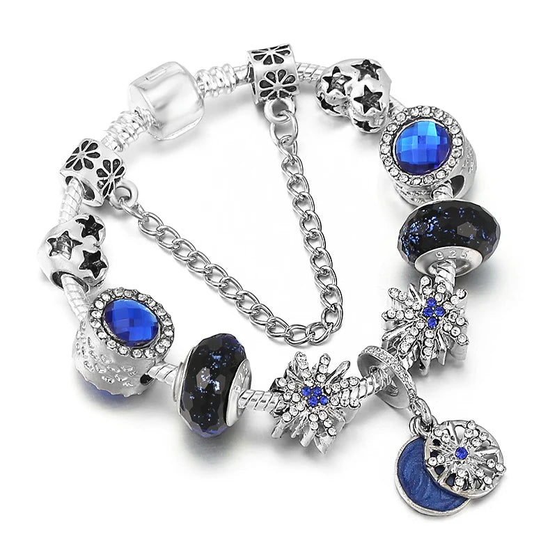 Elegant Crystal Flower Charm Bracelet - Gold Bead Design