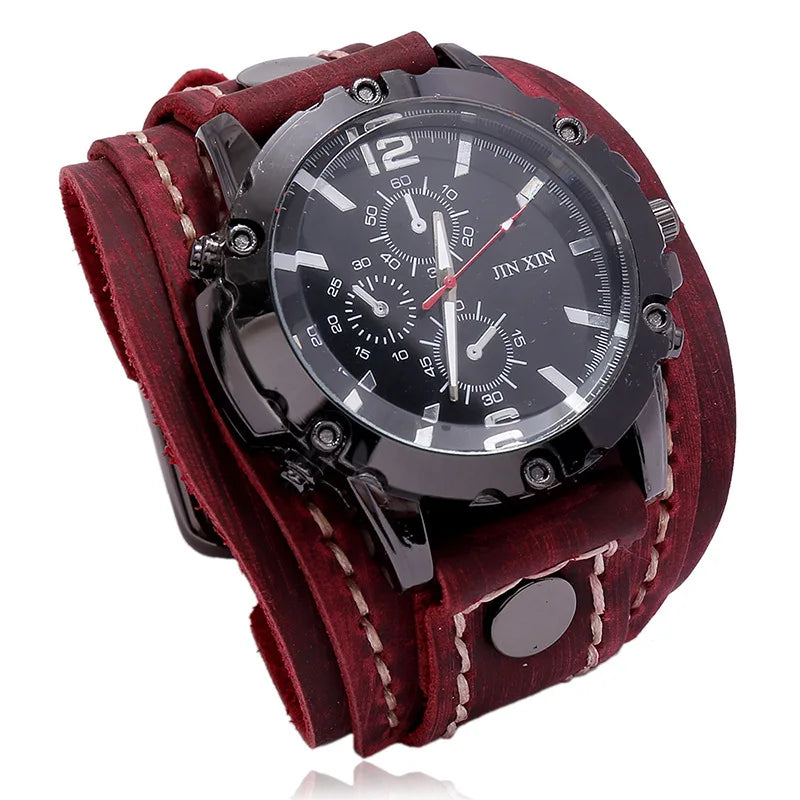 Rugged Men's Quartz Watch - Premium Cowhide Leather Punk Wristwatch