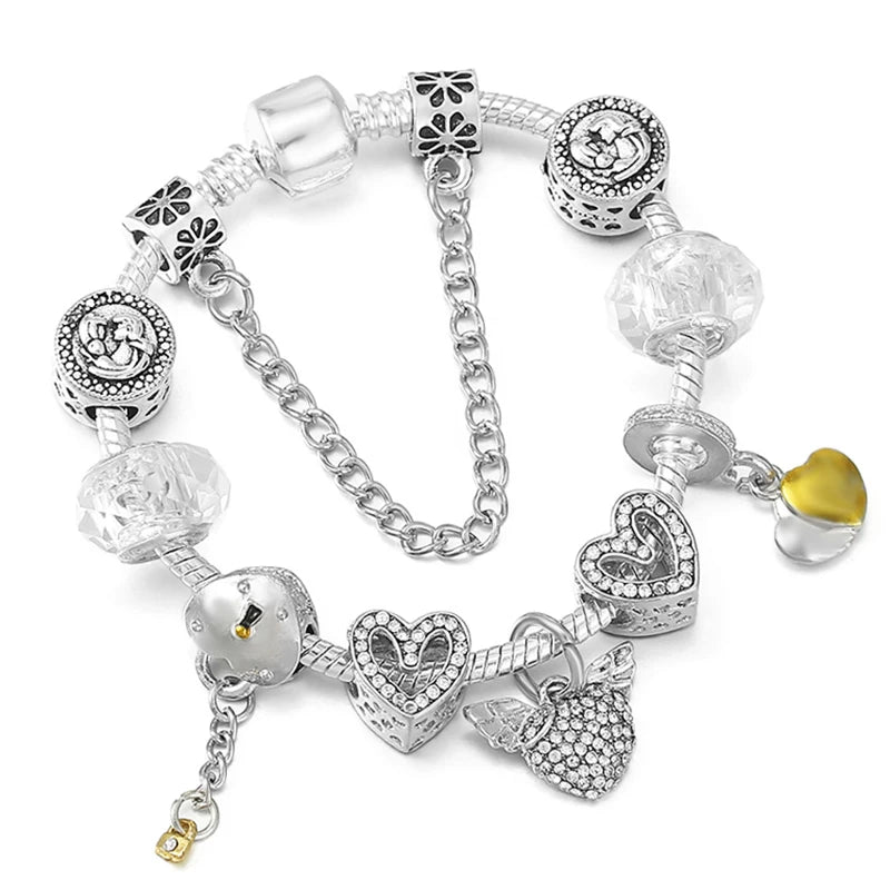 Elegant Crystal Flower Charm Bracelet - Gold Bead Design