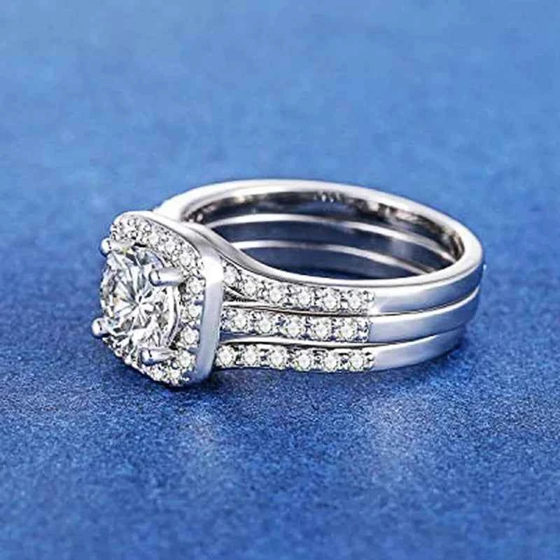 T0612 Bridal Jewelry Set 925 Silver Round Brilliant Cut Diamond Ring with Claw Setting Geometric Design Wedding Women's Jewelry