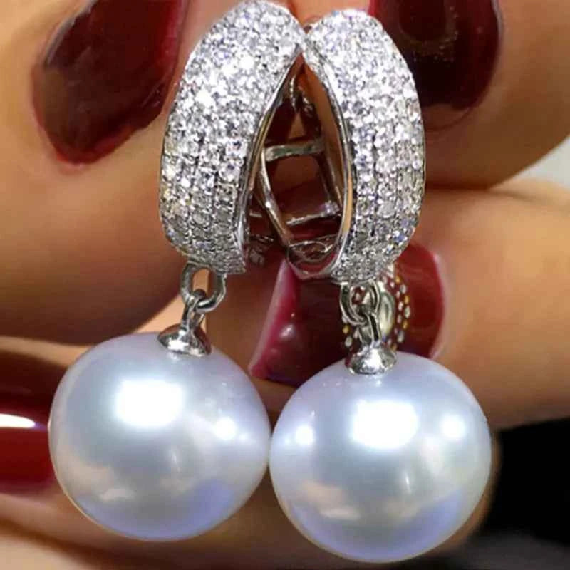 E1162 White Gold Pearl Earrings With Round Brilliant Cut Natural Diamonds Women's Classic Style Jewelry