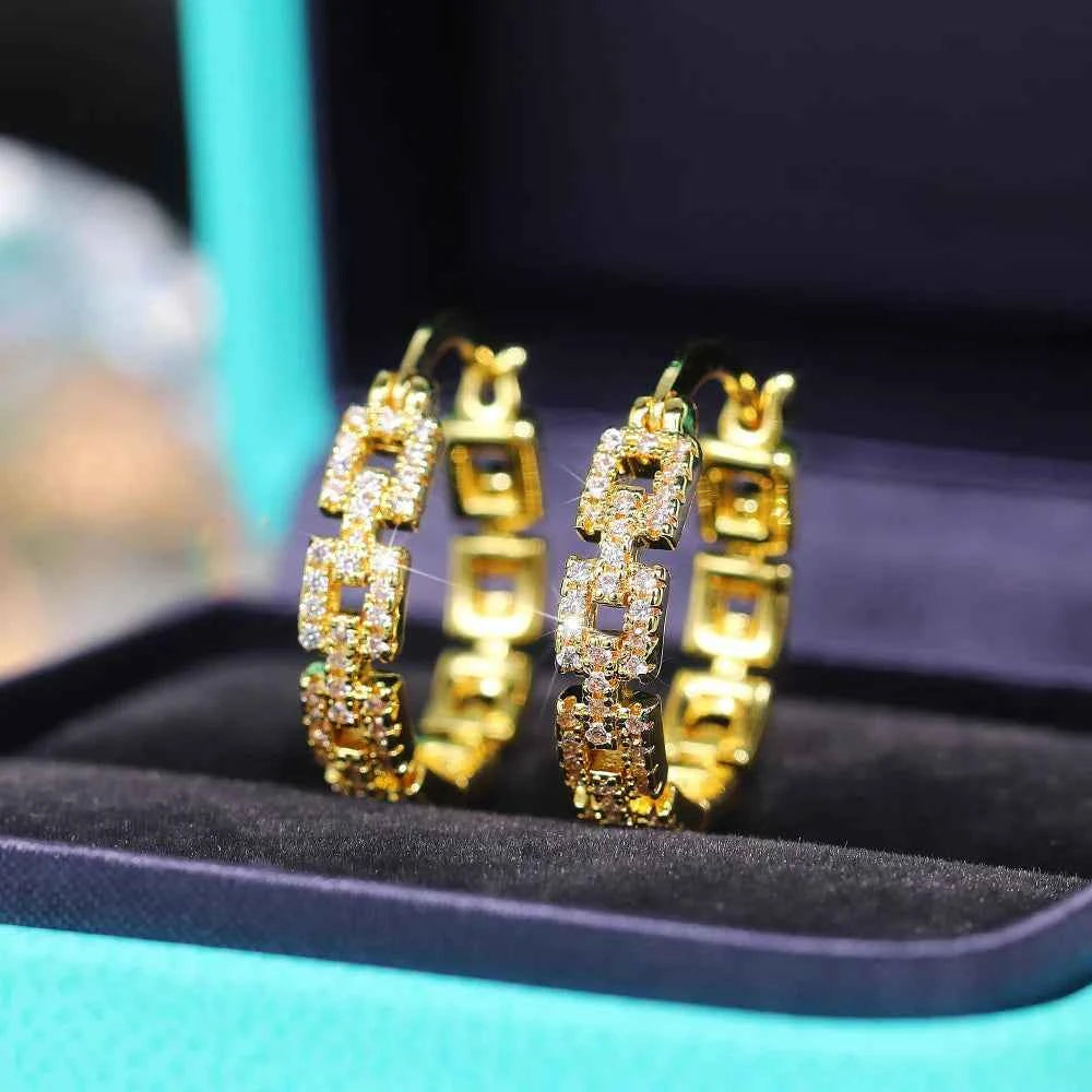 Trendy Brass 18K Gold Plated Hoop Earrings with Zircon Geometric Design for Women Party Jewelry
