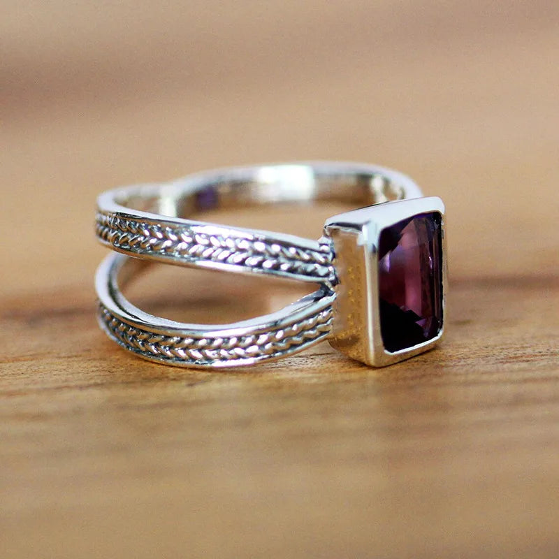 Elegant Emerald Cut Amethyst Ring - 925 Silver Bezel Setting