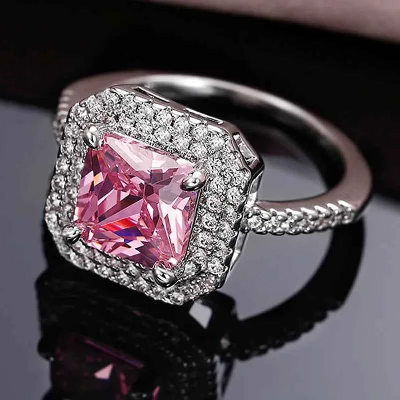 F1428 Women's Engagement Ring Princess Cut Natural Fancy Pink Diamond Halo With D Color Side Diamonds