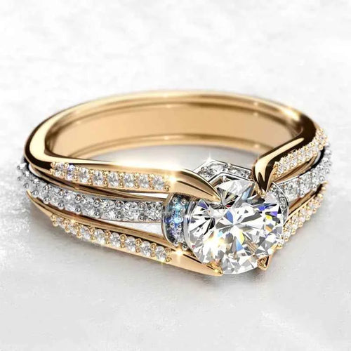 Q419 Women's 18K Solid Gold Diamond Ring Round Brilliant Cut Natural G Color Engagement Ring with Side Diamonds