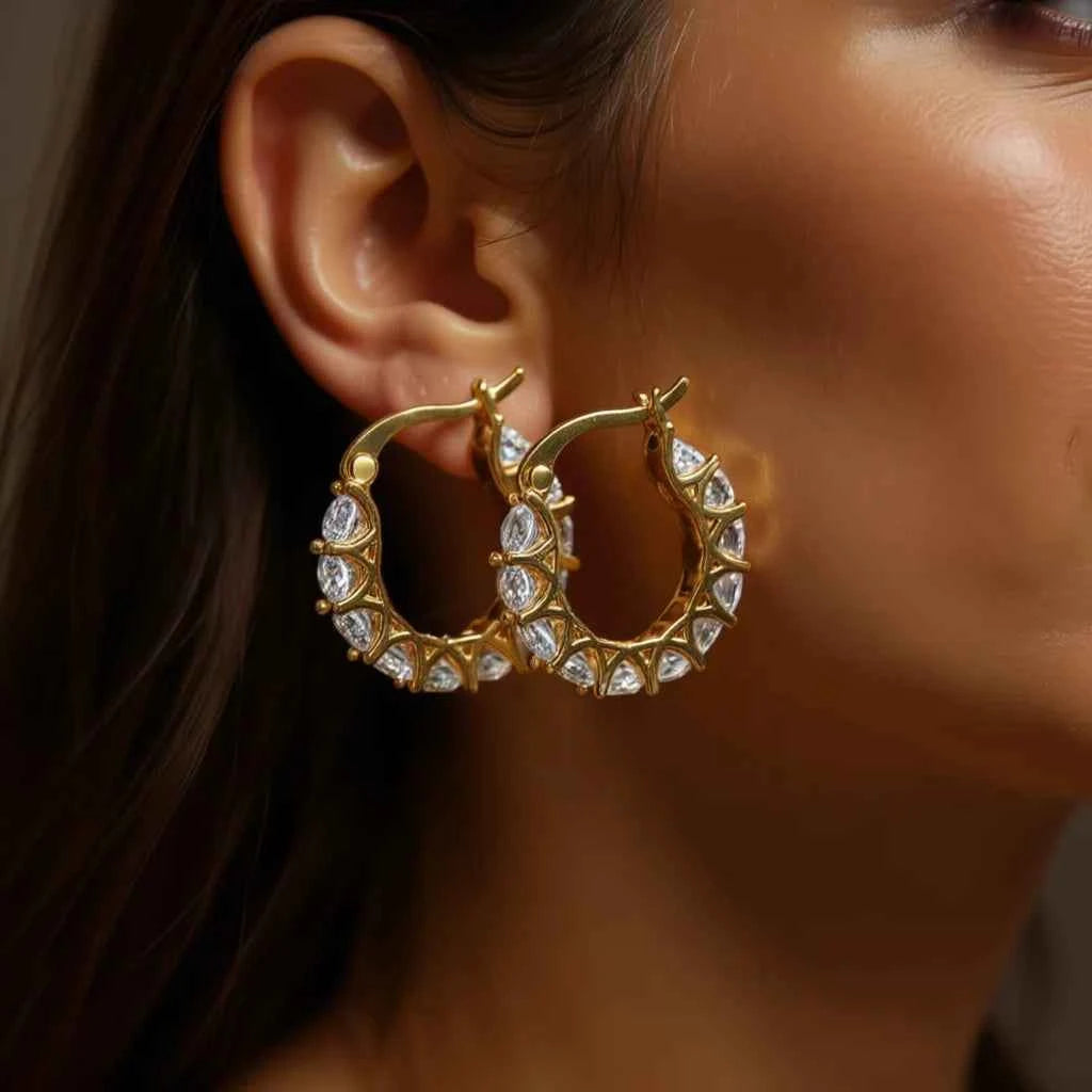 E807 Luxury White Gold 18K Gold Filled Plated Hoop Earrings Crystal Rhinestones Geometric Design Claw Setting Women's Party