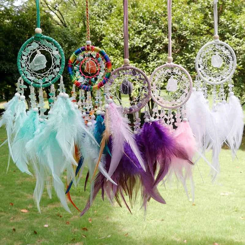 Handmade Mini Dream Catcher - Boho Wall Hanging with Colorful Feathers & Crystal Stones for Home Decor - Tulique