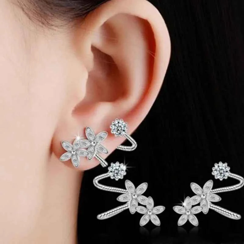 Tibetan Silver Flower Stud Earrings White Gold Plated Zircon Women's Romantic Party Jewelry Alloy Micro Insert Fashion Earrings