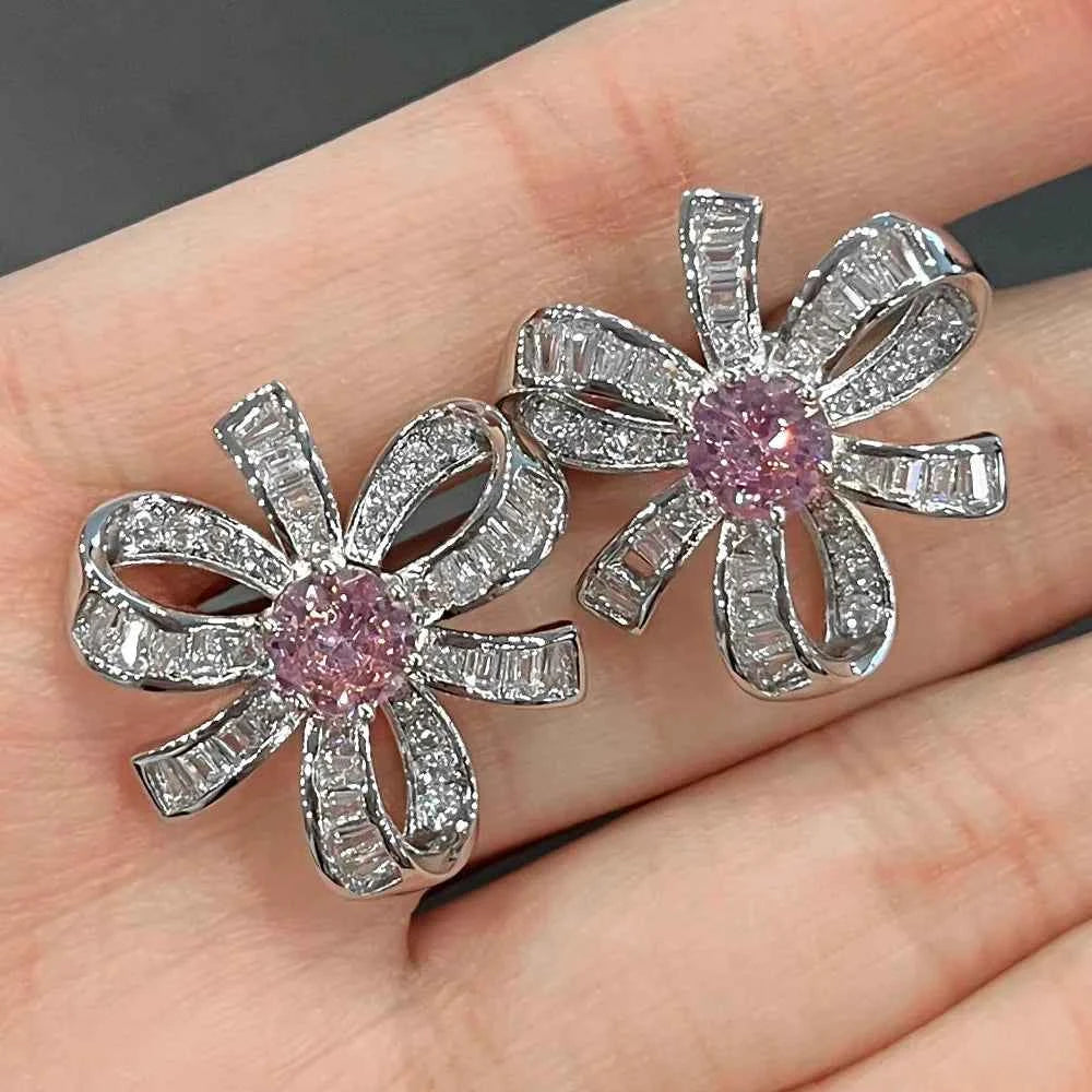 E1786 White Gold Diamond Earrings Baguette Cut Fancy Pink Center Women's Luxury Wedding Jewelry